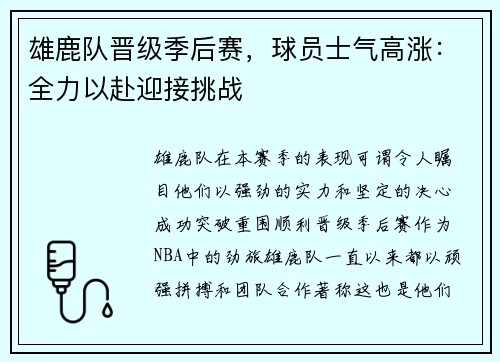 雄鹿队晋级季后赛，球员士气高涨：全力以赴迎接挑战