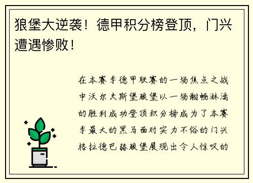 狼堡大逆袭！德甲积分榜登顶，门兴遭遇惨败！